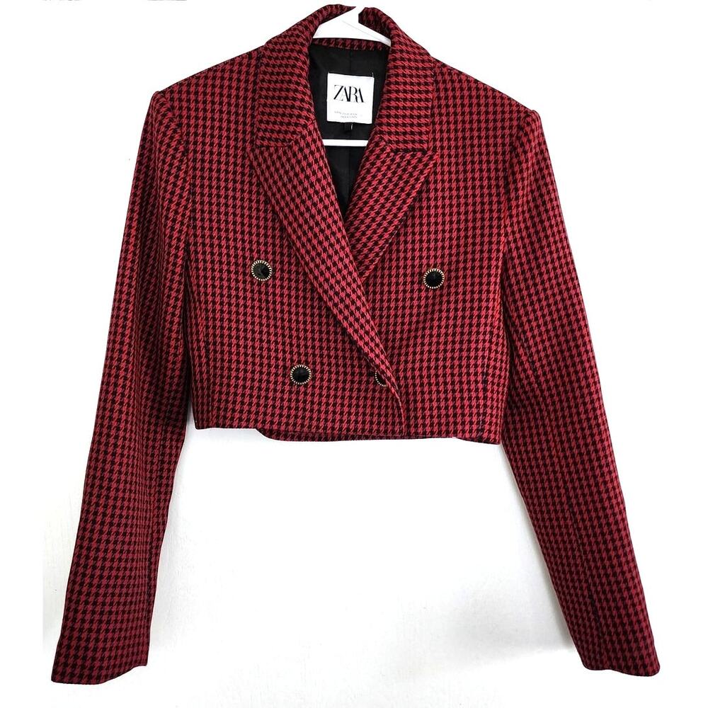 Zara Houndstooth Cropped Blazer Jacket Shoulder Pad Double Breasted Plaid - Picture 2 of 13